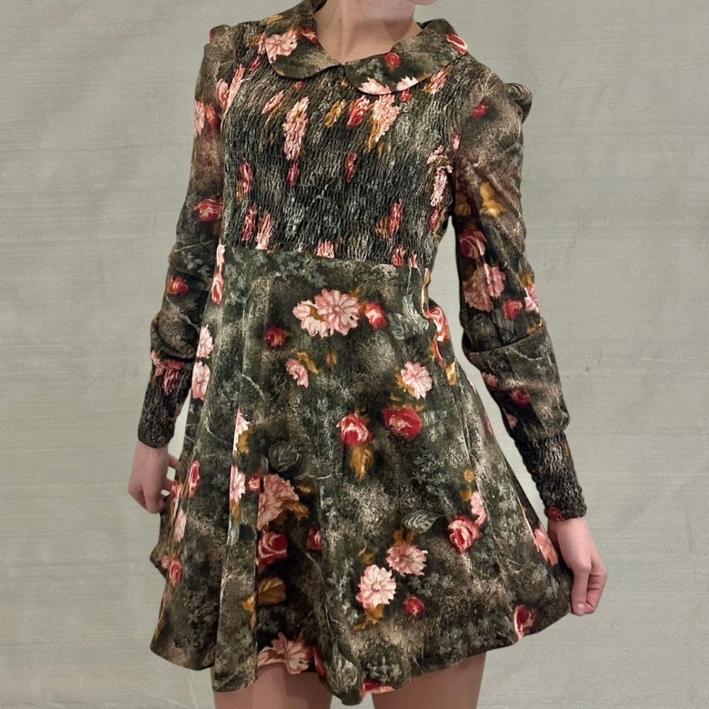 VTG 70s Moody Floral Mini Dress Puff Sleeve Peter Pan Collar Green Brown Pink XS